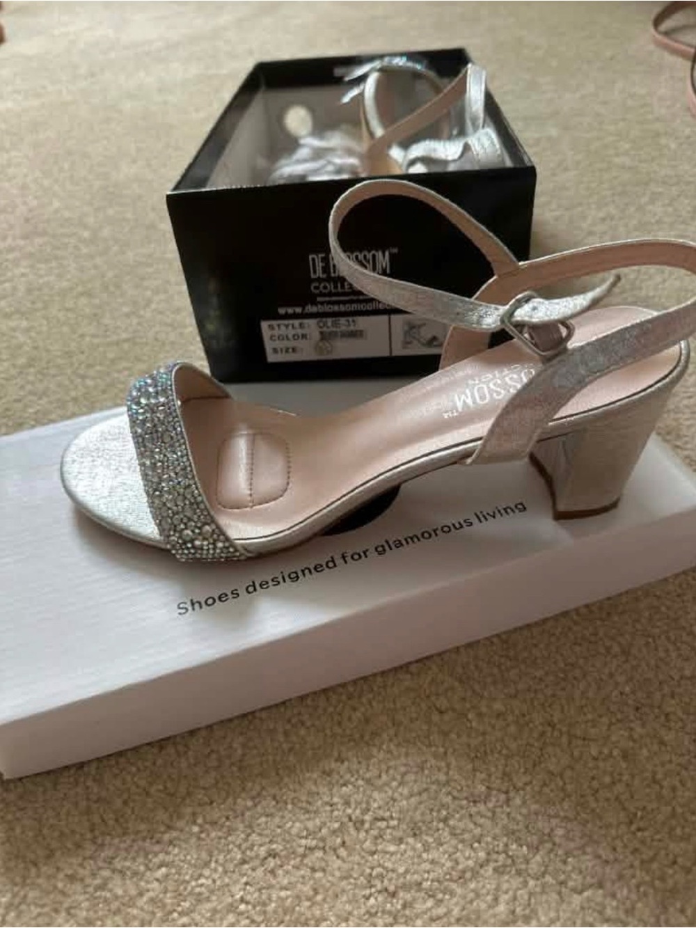 De Blossom Collection Silver Rhinestone Block Heel